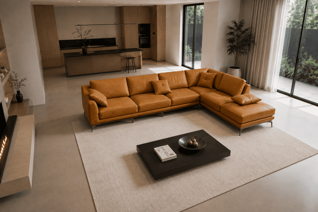 Modern living room with a large tan sectional sofa and black coffee table.