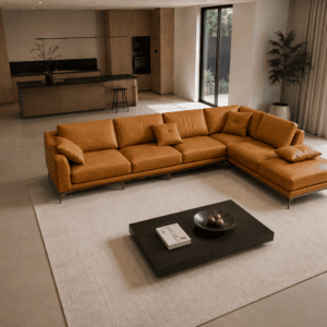 Modern living room with a large tan sectional sofa and black coffee table.