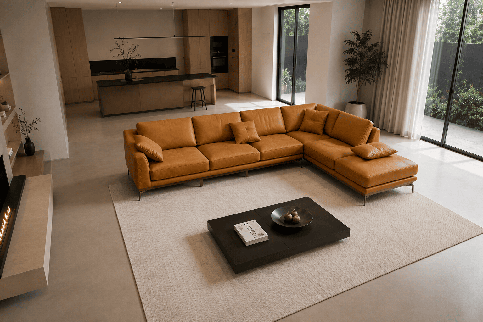 Modern living room with a large tan sectional sofa and black coffee table.