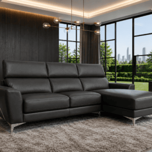 Modern black leather sofa in stylish living room with large windows and city view.