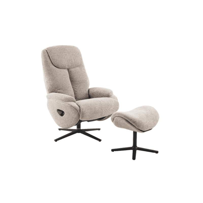 Relaxing beige armchair with matching footstool, modern comfort furniture for home or office.