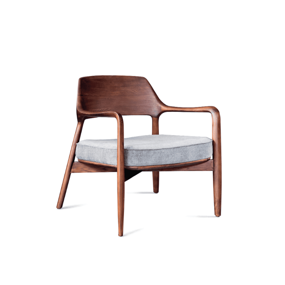 A stylish wooden armchair with a grey cushioned seat, modern design, and elegant craftsmanship.