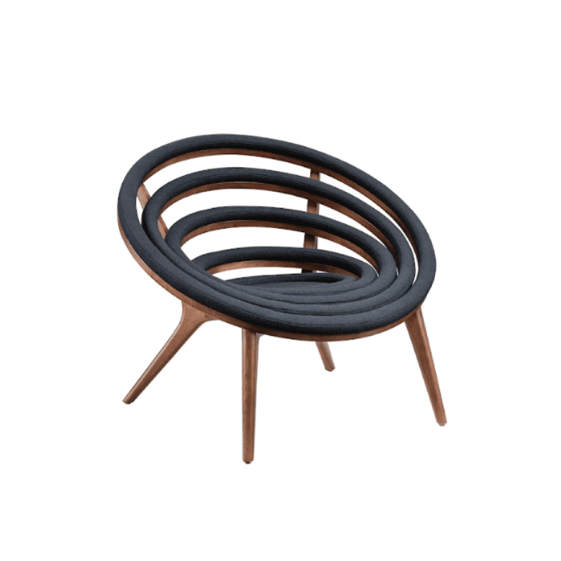 Modern black and wooden lounge chair with a unique spiral design, perfect for contemporary interiors.