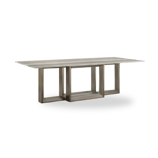 Modern wooden dining table with geometric base design for contemporary interiors.