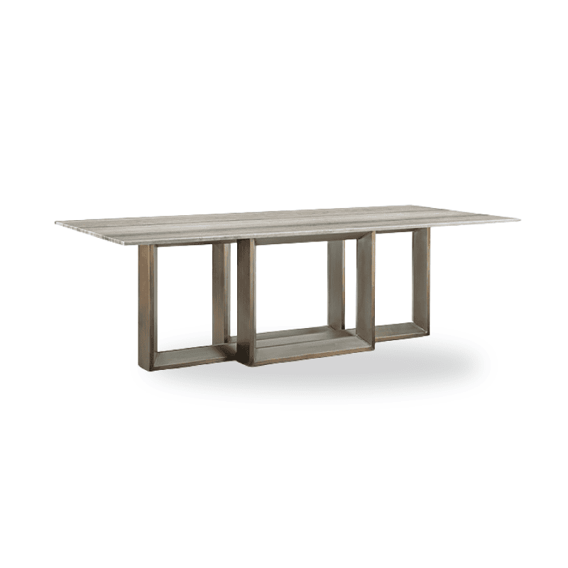 Modern wooden dining table with geometric base design for contemporary interiors.
