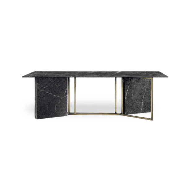 Modern black marble dining table with gold metal legs for contemporary interiors.