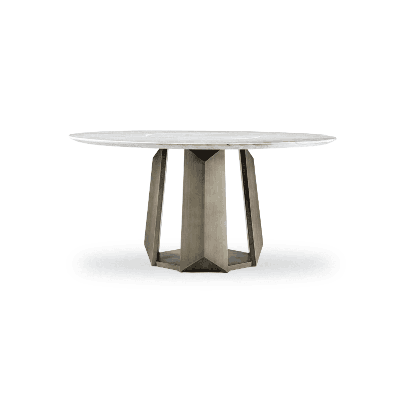 Modern round dining table with geometric metal base, Zolano design.