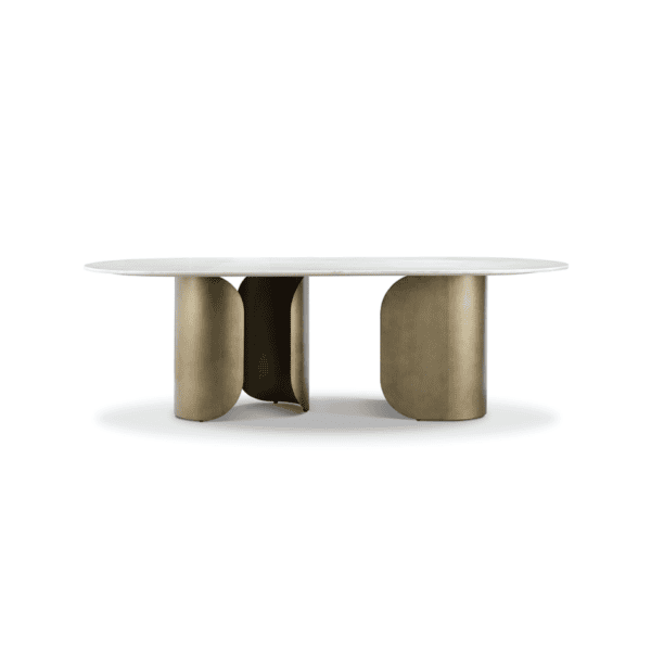 Modern round marble dining table with unique gold-toned base design.