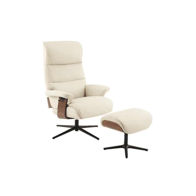 Relaxing cream-colored lounge chair with matching footstool, modern ergonomic design.