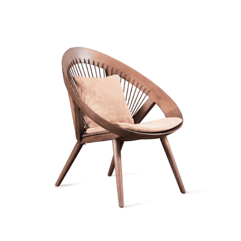 A stylish wooden armchair with beige cushions, modern design, perfect for contemporary interiors.
