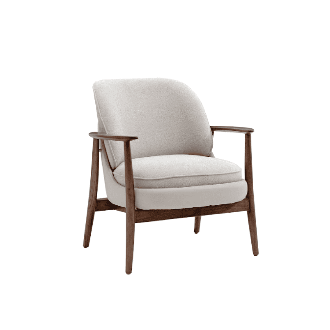 A comfortable modern armchair with wooden frame and light fabric upholstery, ideal for stylish inter.
