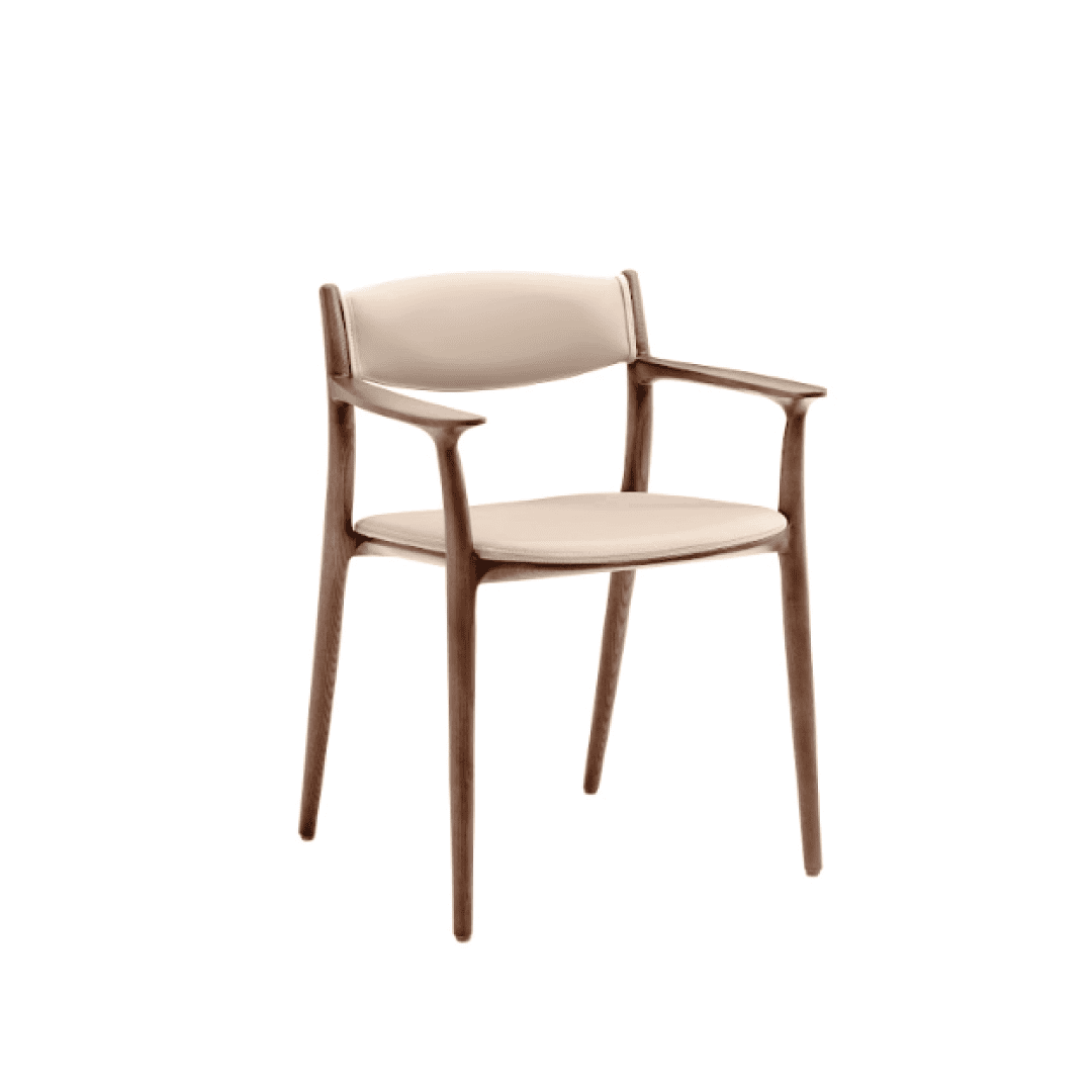 A stylish wooden chair with beige upholstery, modern design, and comfortable seating.
