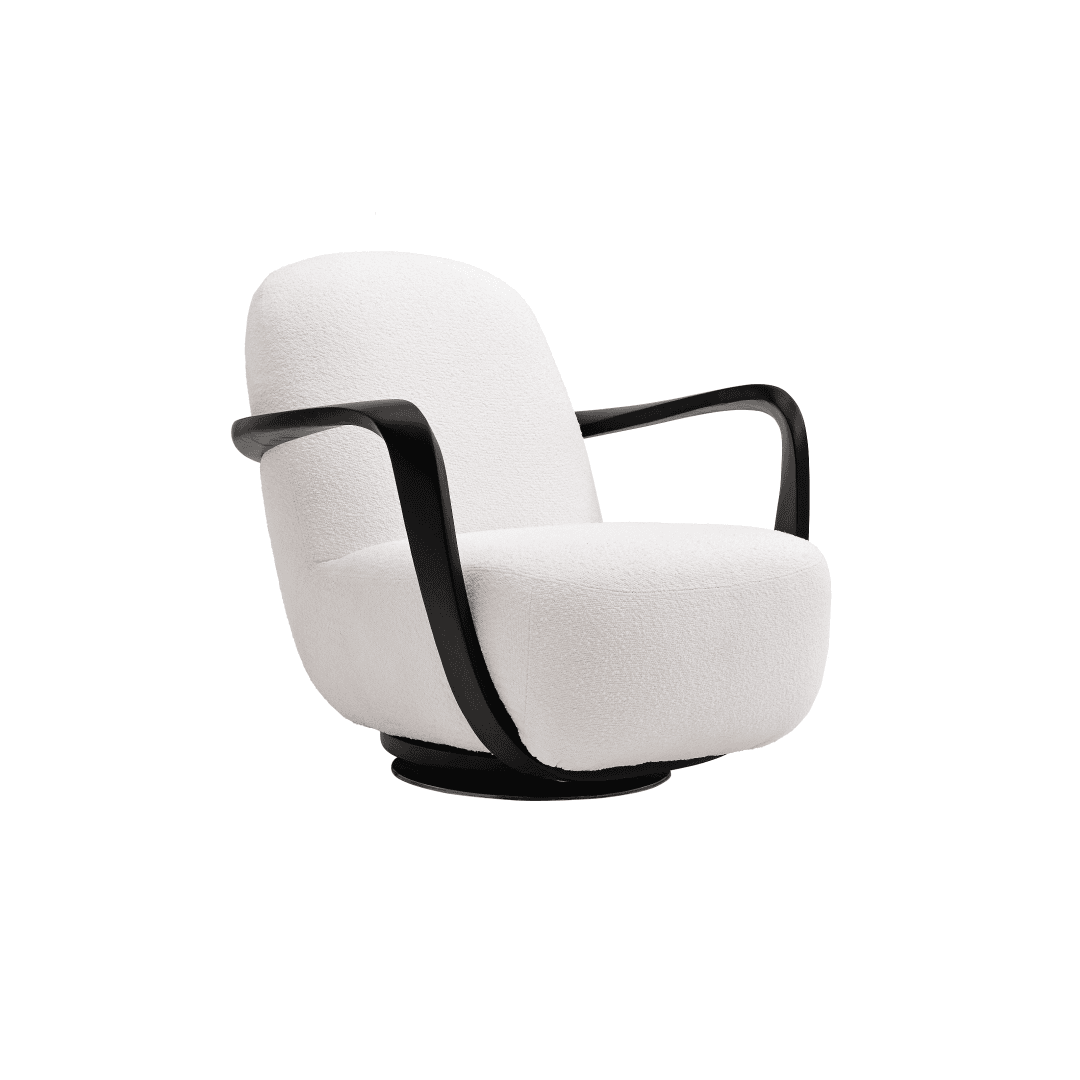 A comfortable modern white armchair with black metal armrests, ideal for contemporary interiors.