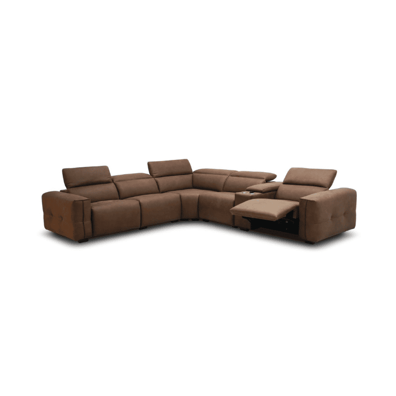 Comfortable brown sectional sofa with adjustable headrests and chaise lounge for living room.