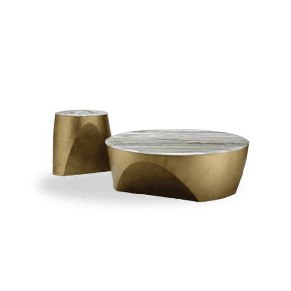 A sleek modern coffee table and stool set with gold metallic finish and wooden tops.