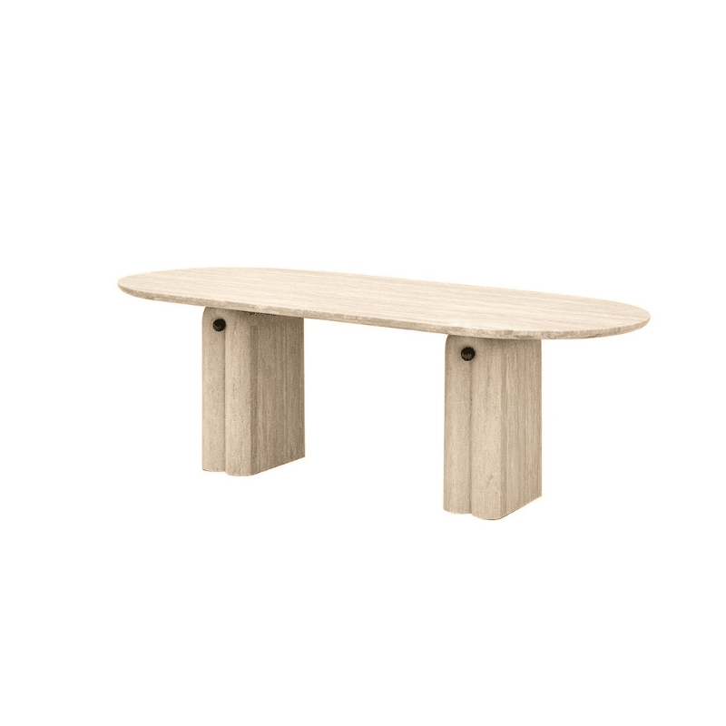 A sleek, modern marble dining table with a minimalist design and sturdy base.
