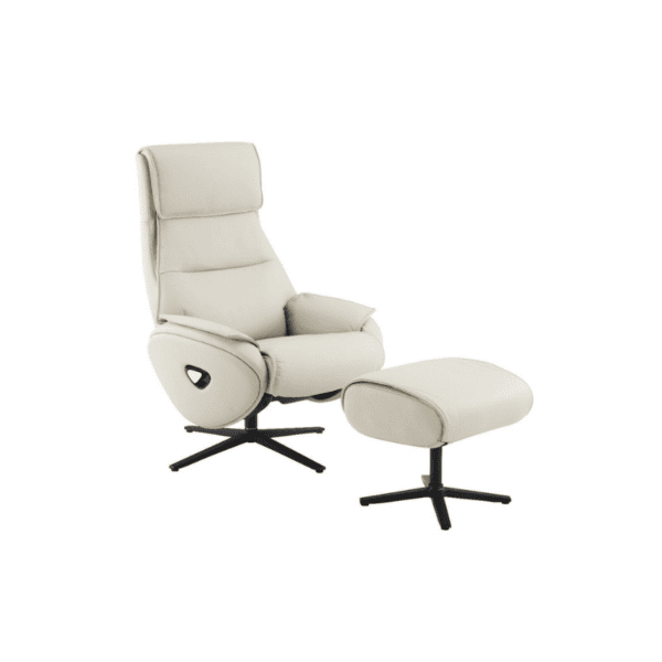 Relaxing beige lounge chair with matching ottoman, modern furniture for comfort.