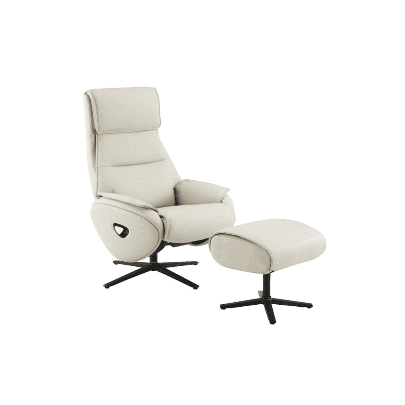 Relaxing beige lounge chair with matching ottoman, modern furniture for comfort.