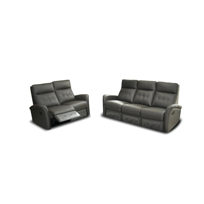 Comfortable grey leather sofas with reclining features, perfect for living rooms.