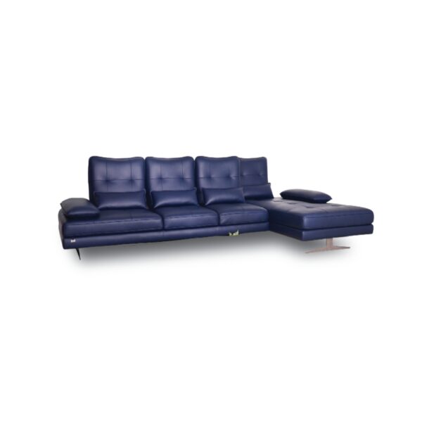 Modern navy blue leather sectional sofa with chaise lounge for stylish living rooms.