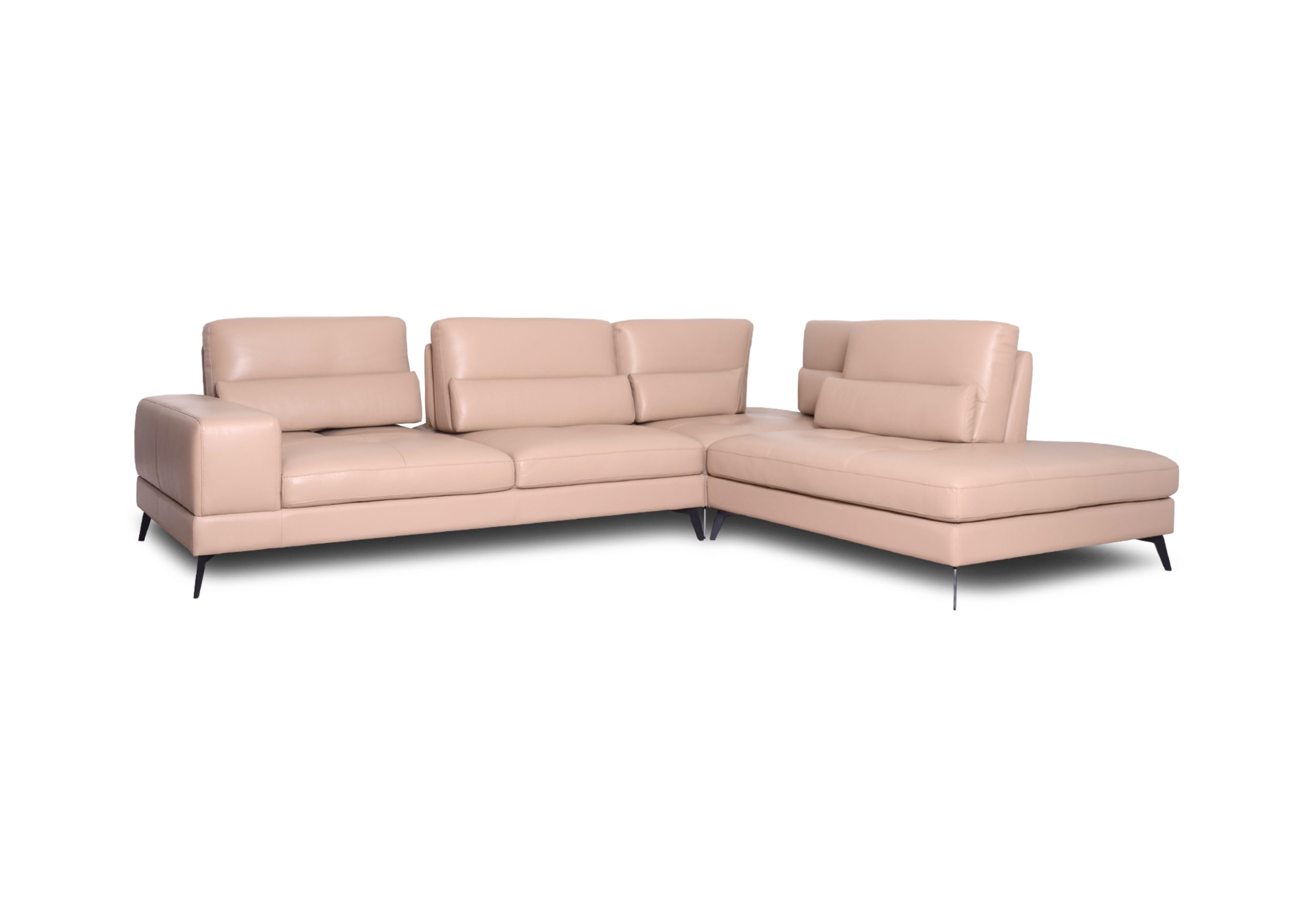 Modern blush pink sectional sofa with adjustable headrests and black tapered legs.