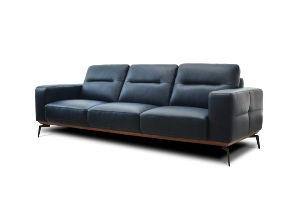 A sofa with a modern design, dark blue upholstery, and slim metal legs.