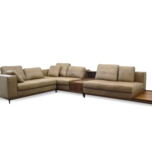 A modern beige sectional sofa with wooden accents, ideal for living rooms.