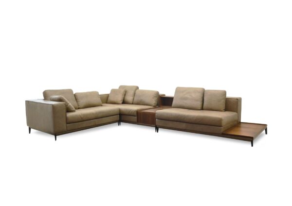 A modern beige sectional sofa with wooden accents, ideal for living rooms.