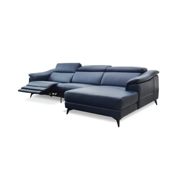 Modern navy blue sectional sofa with adjustable headrests and sleek design, ideal for living rooms.