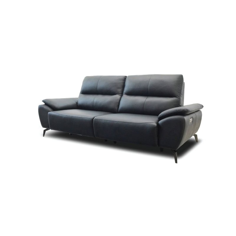 A comfortable black leather sofa with modern design, ideal for living rooms.