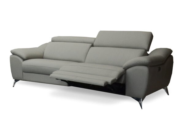 Modern grey fabric sofa with adjustable headrests and sleek design.