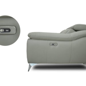 Modern grey leather recliner with built-in control switch for comfort.