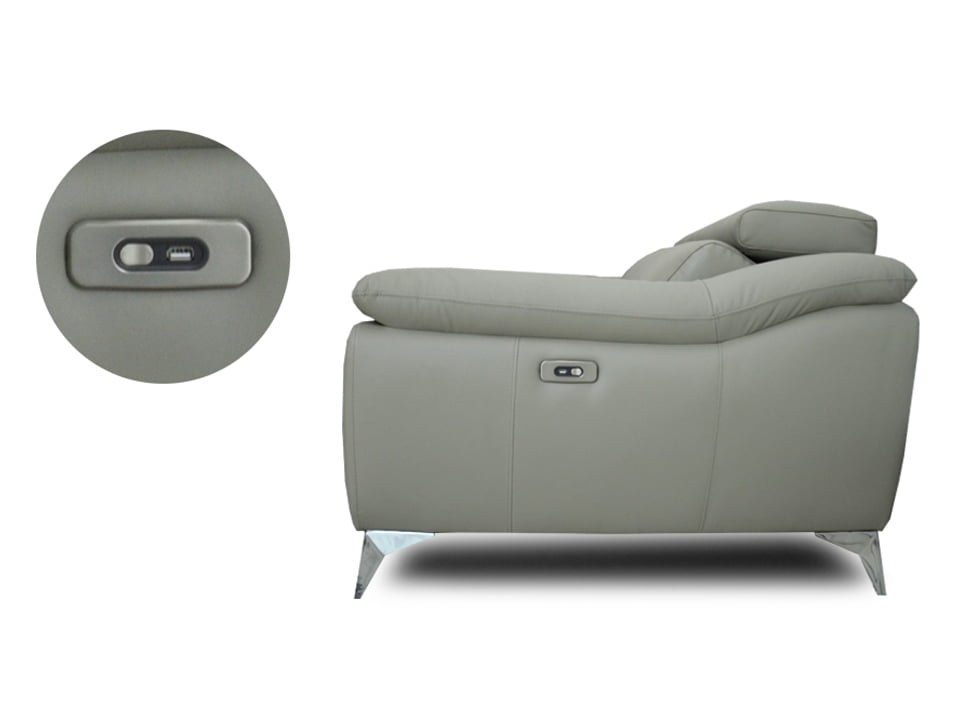 Modern grey leather recliner with built-in control switch for comfort.