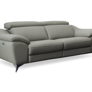 A comfortable grey fabric sofa with adjustable headrests, modern design, and metal legs.