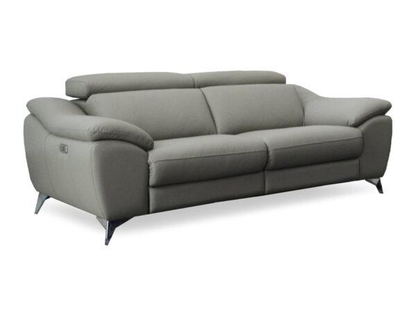A comfortable grey fabric sofa with adjustable headrests, modern design, and metal legs.