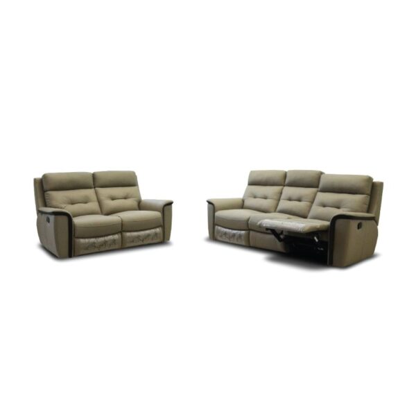 Comfortable beige fabric sofas with reclining feature, ideal for living rooms.