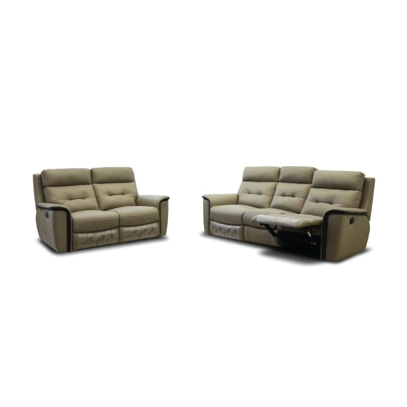Comfortable beige fabric sofas with reclining feature, ideal for living rooms.
