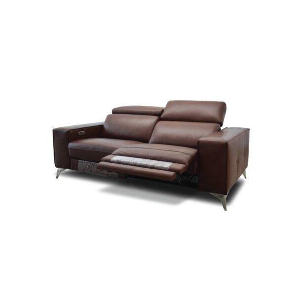 A comfortable brown leather sofa with a built-in recliner and modern design.