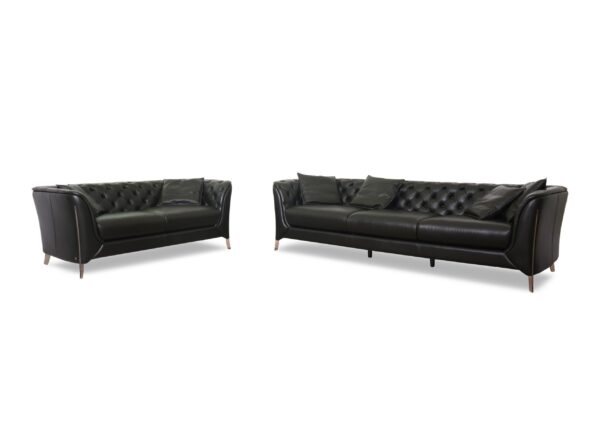 Elegant black leather sofas with tufted design, modern living room furniture, LECCIO style.