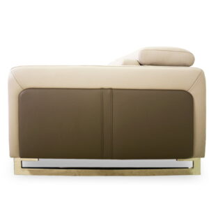 Modern beige and brown leather sofa with cushions, stylish home furniture.