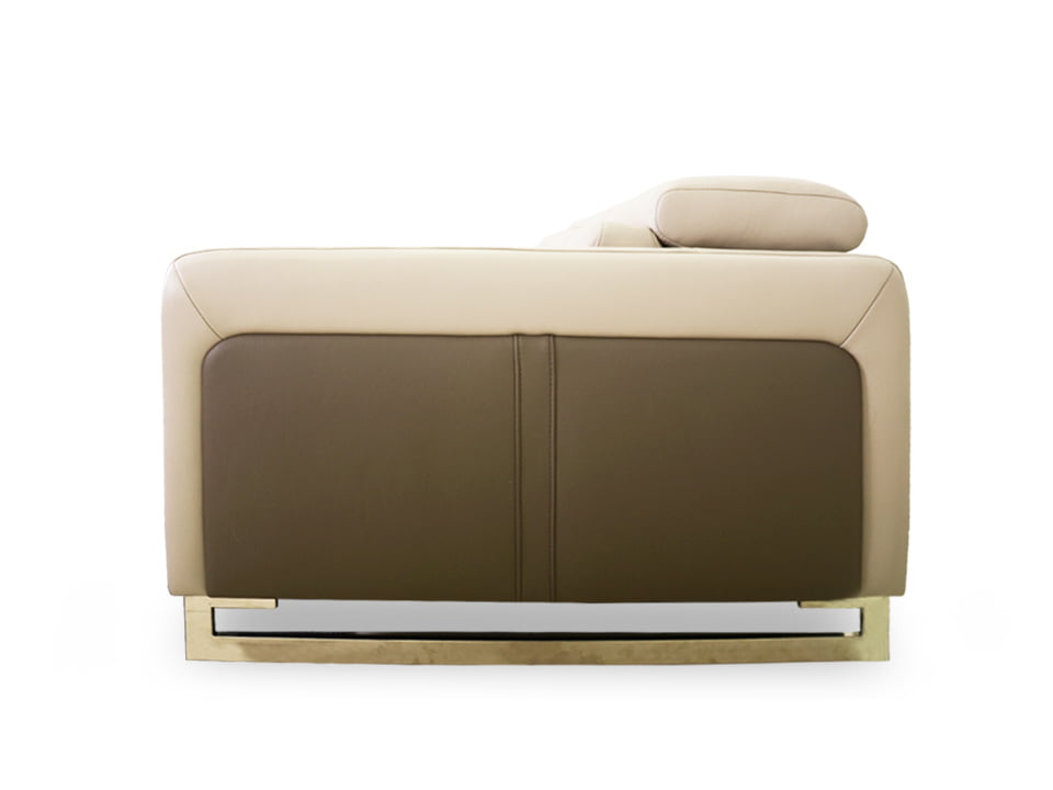 Modern beige and brown leather sofa with cushions, stylish home furniture.