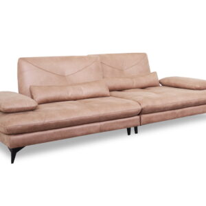 A comfortable beige fabric sofa with matching cushions, modern design, and black wooden legs.