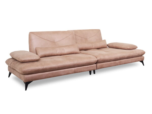 A comfortable beige fabric sofa with matching cushions, modern design, and black wooden legs.