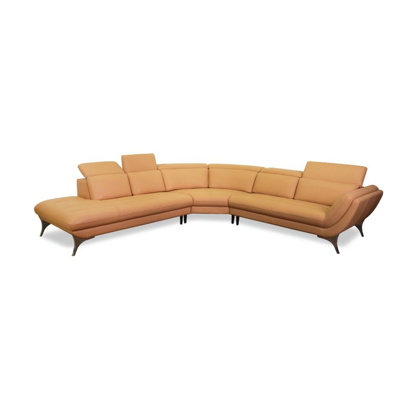 Modern curved beige sofa with adjustable headrests for stylish living rooms.