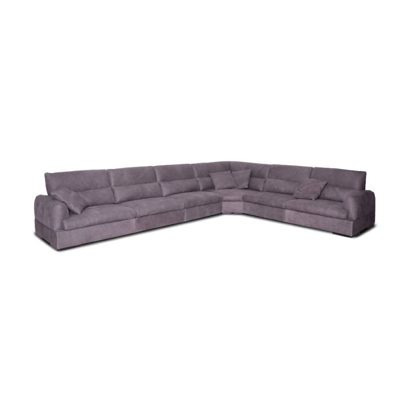 Modern L-shaped purple sofa with cushions for stylish living room decor.