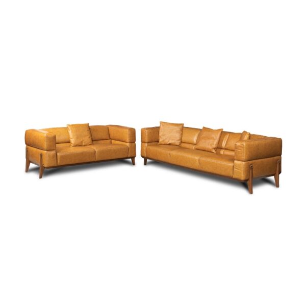 A comfortable mustard yellow leather sofa set with cushions, ideal for modern living rooms.