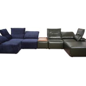 Modern LESTERNY sectional sofa with navy and dark green leather upholstery.