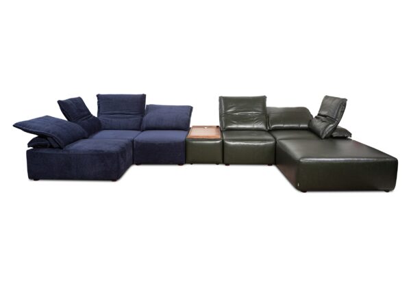 Modern LESTERNY sectional sofa with navy and dark green leather upholstery.