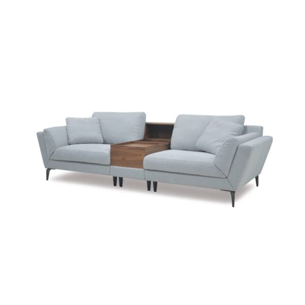 Modern light grey sectional sofa with wooden centre table for living room.