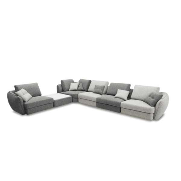 Modern grey Tuscane sectional sofa with cushions for stylish living room decor.